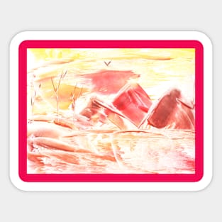 Landscape, mountains, nature. Encaustic, art decoration, sketch. Illustration hand drawn modern, hot wax Sticker